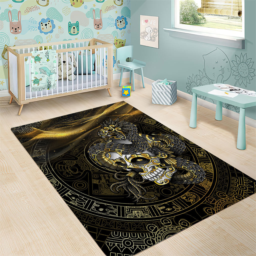 Mexico Quetzalcoatl Aztec Calendar Area Rug Black Gold Tribal Warrior Art