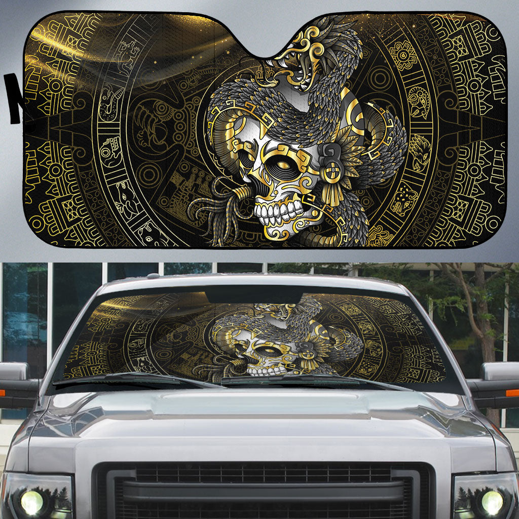 Mexico Quetzalcoatl Aztec Calendar Auto Sun Shade Black Gold Tribal Warrior Art