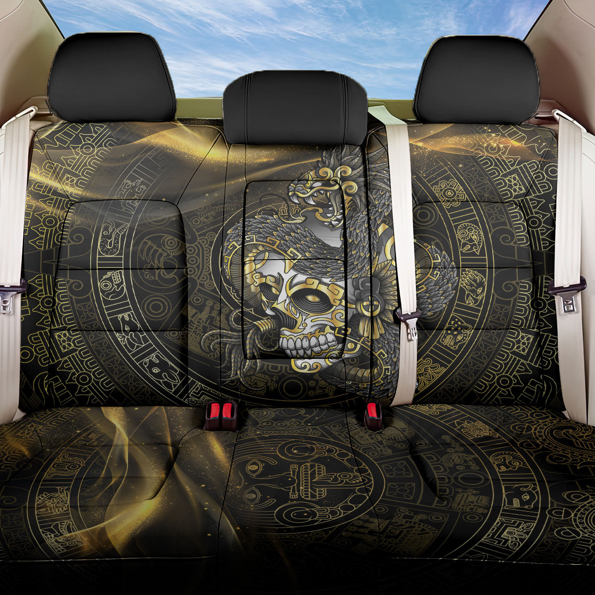 Mexico Quetzalcoatl Aztec Calendar Back Car Seat Cover Black Gold Tribal Warrior Art