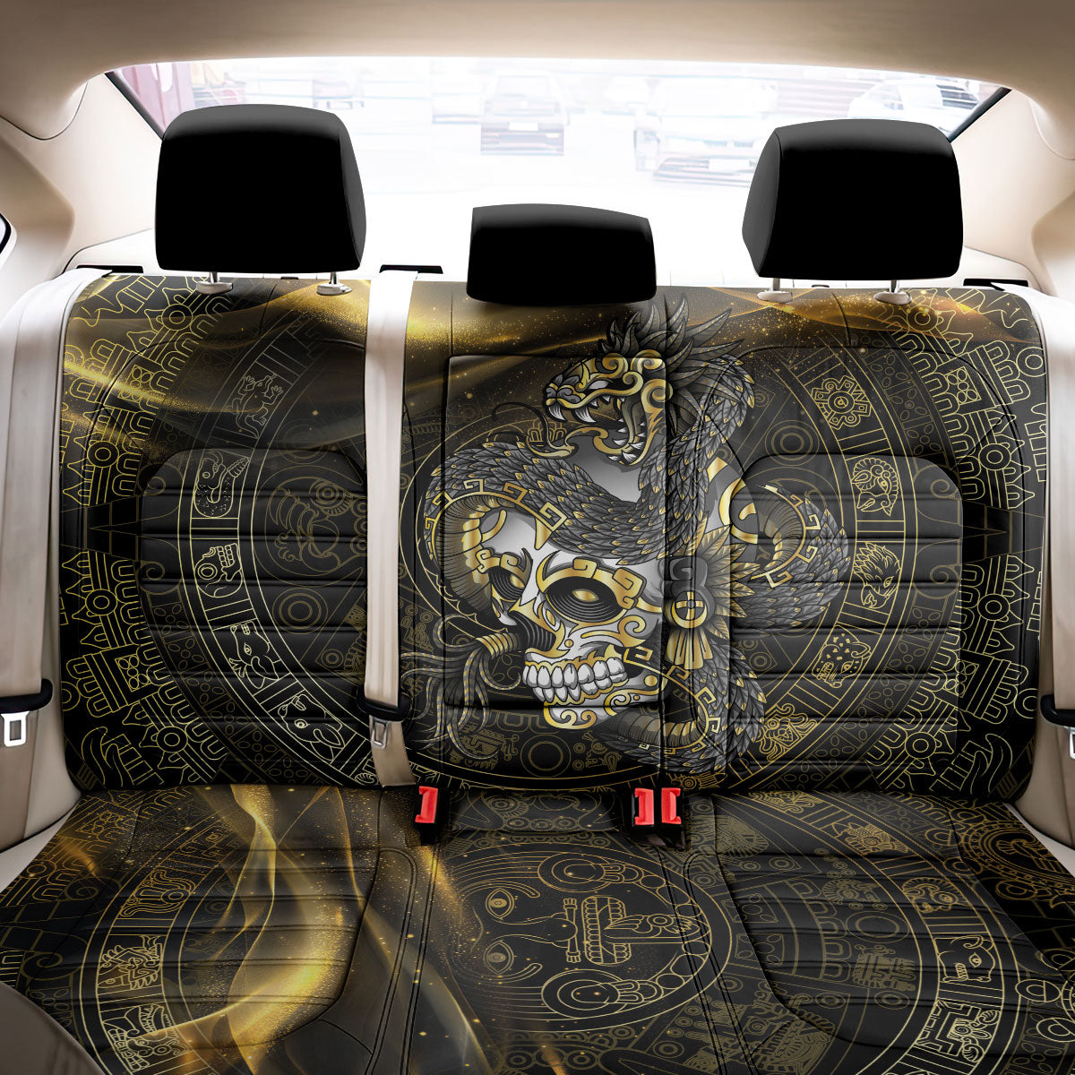 Mexico Quetzalcoatl Aztec Calendar Back Car Seat Cover Black Gold Tribal Warrior Art