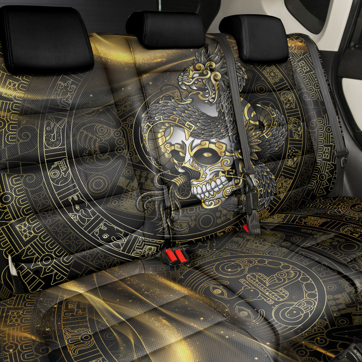 Mexico Quetzalcoatl Aztec Calendar Back Car Seat Cover Black Gold Tribal Warrior Art