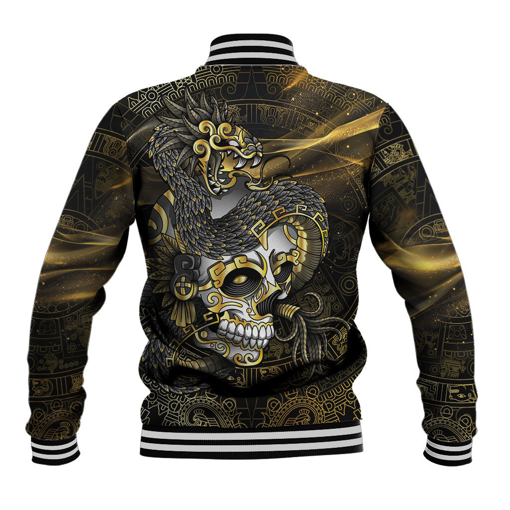 Mexico Quetzalcoatl Aztec Calendar Baseball Jacket Black Gold Tribal Warrior Art
