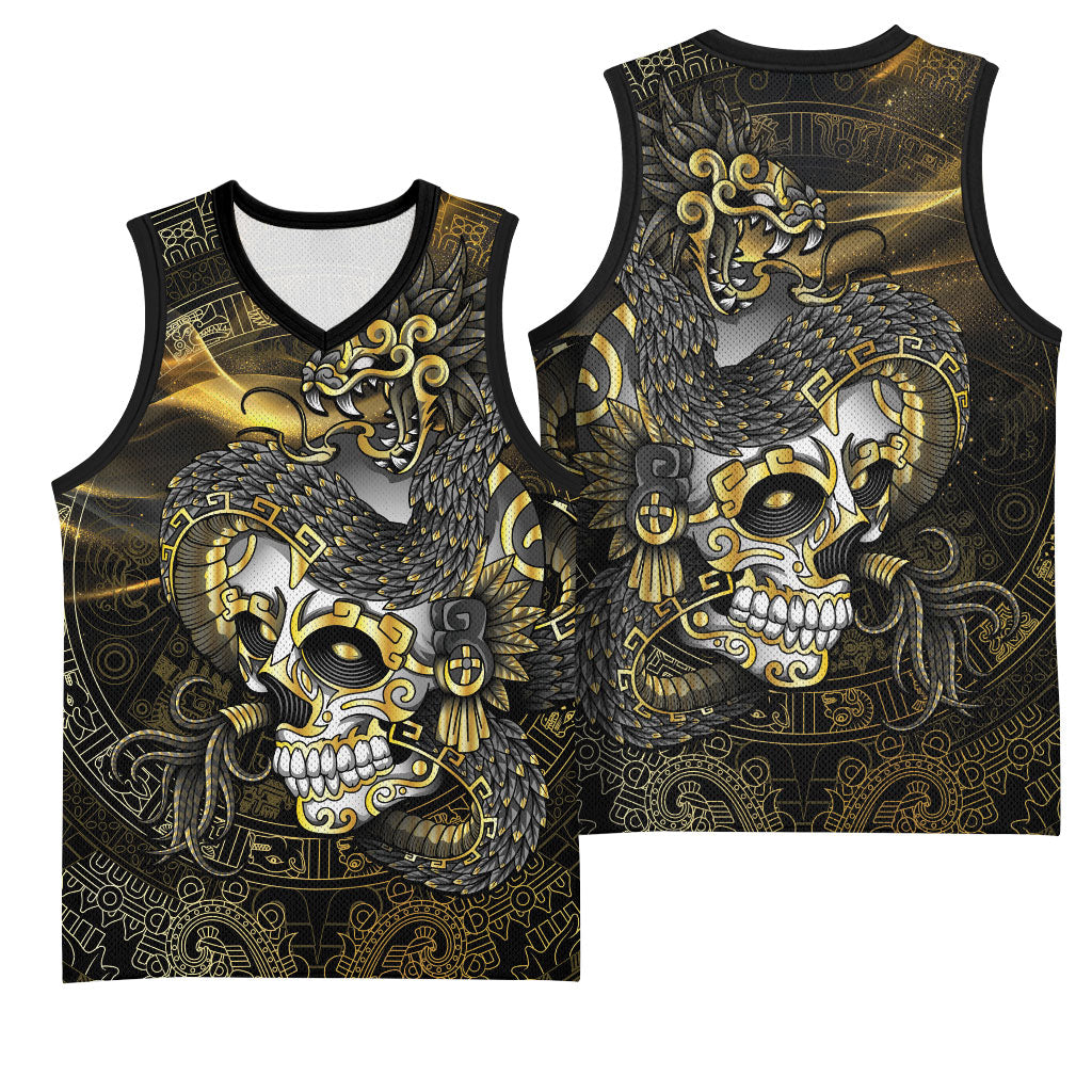 Mexico Quetzalcoatl Aztec Calendar Basketball Jersey Black Gold Tribal Warrior Art