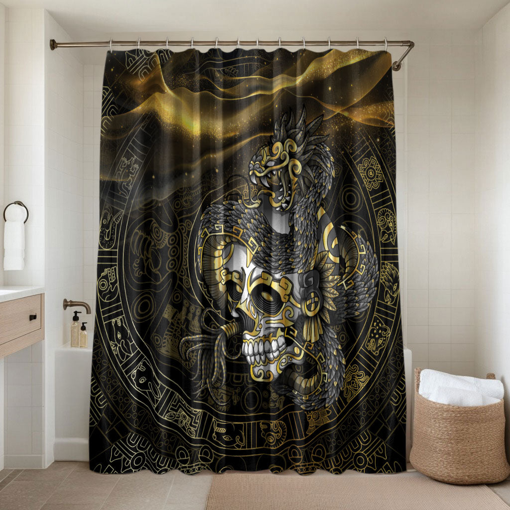 Mexico Quetzalcoatl Aztec Calendar Bathroom Set Black Gold Tribal Warrior Art