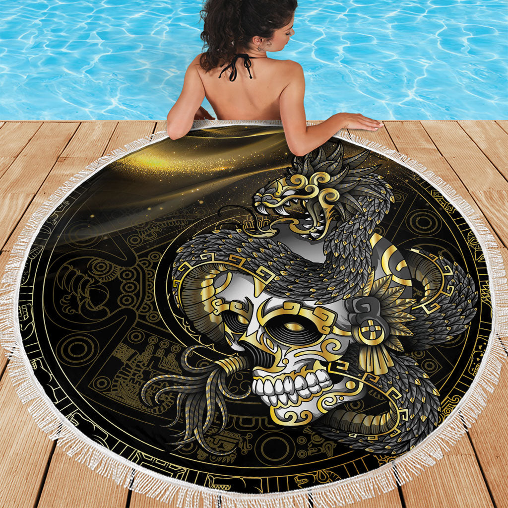 Mexico Quetzalcoatl Aztec Calendar Beach Blanket Black Gold Tribal Warrior Art
