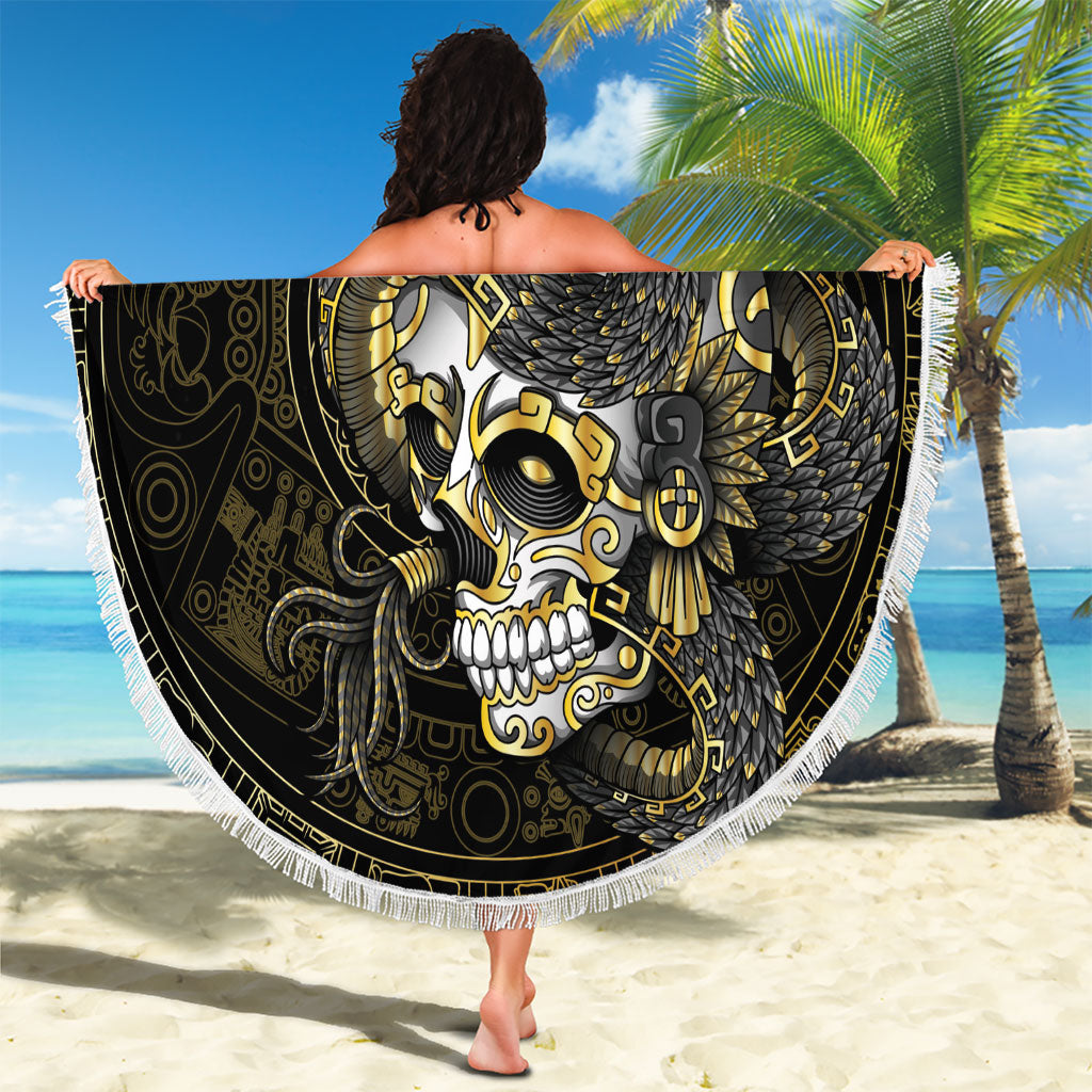Mexico Quetzalcoatl Aztec Calendar Beach Blanket Black Gold Tribal Warrior Art