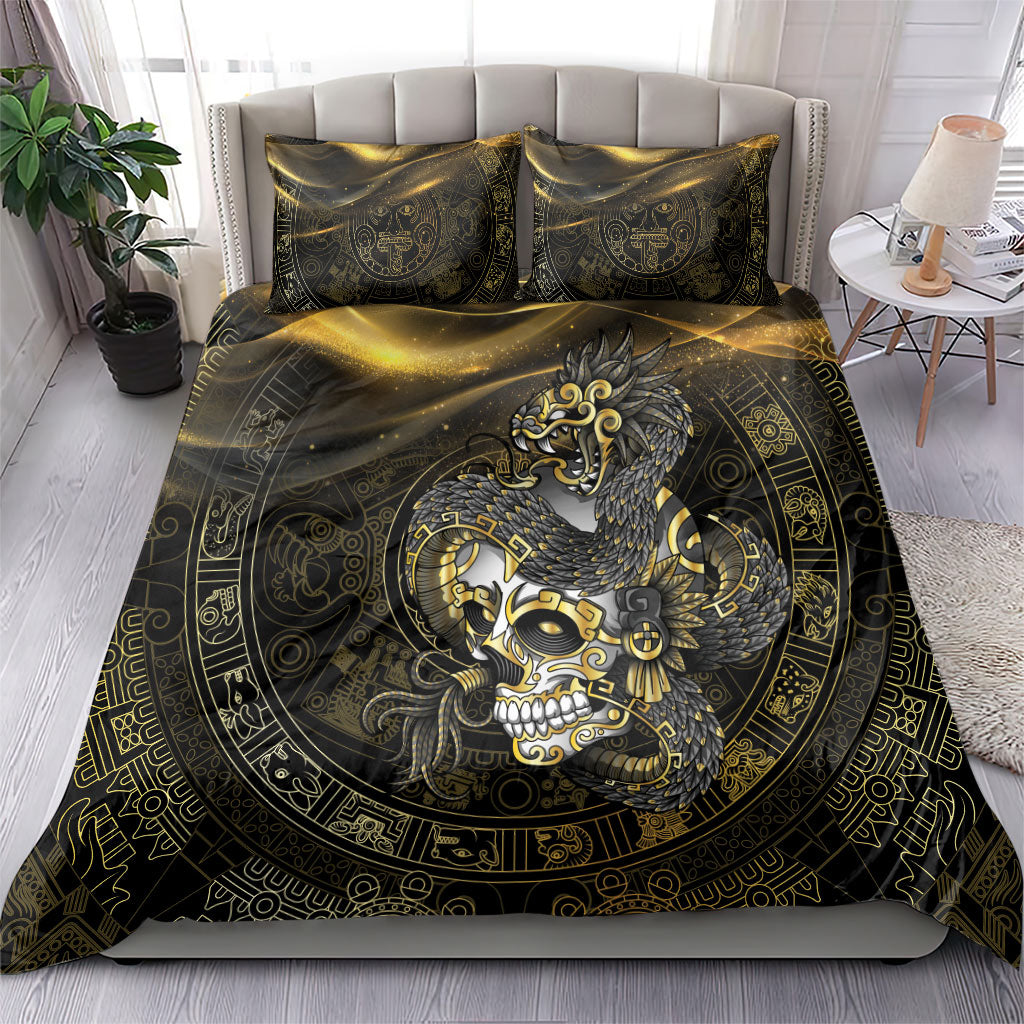 Mexico Quetzalcoatl Aztec Calendar Bedding Set Black Gold Tribal Warrior Art