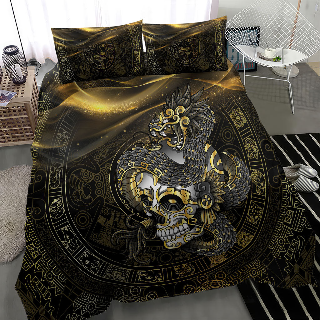 Mexico Quetzalcoatl Aztec Calendar Bedding Set Black Gold Tribal Warrior Art