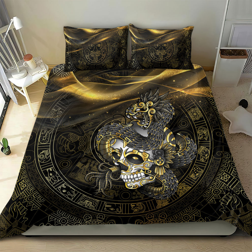 Mexico Quetzalcoatl Aztec Calendar Bedding Set Black Gold Tribal Warrior Art