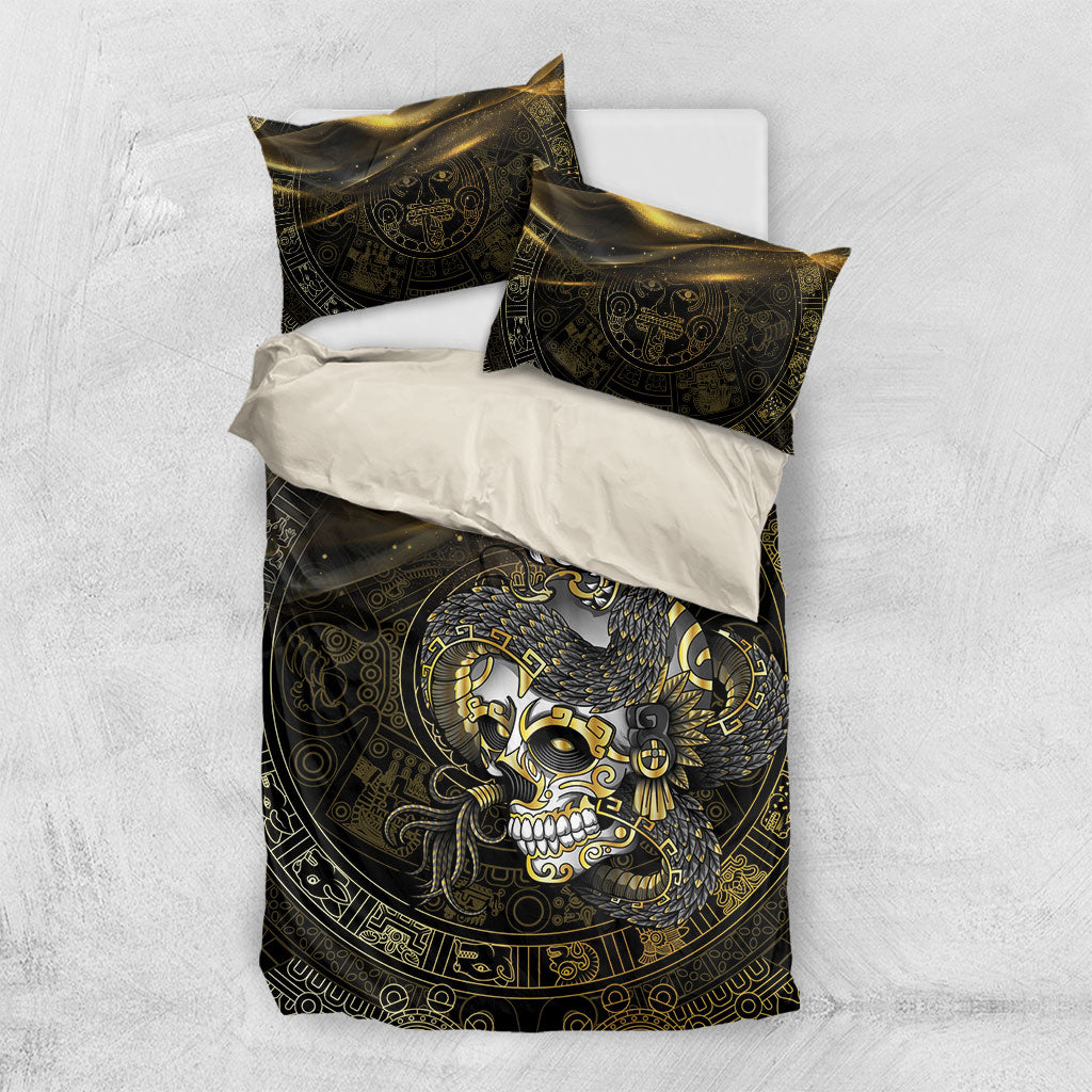 Mexico Quetzalcoatl Aztec Calendar Bedding Set Black Gold Tribal Warrior Art