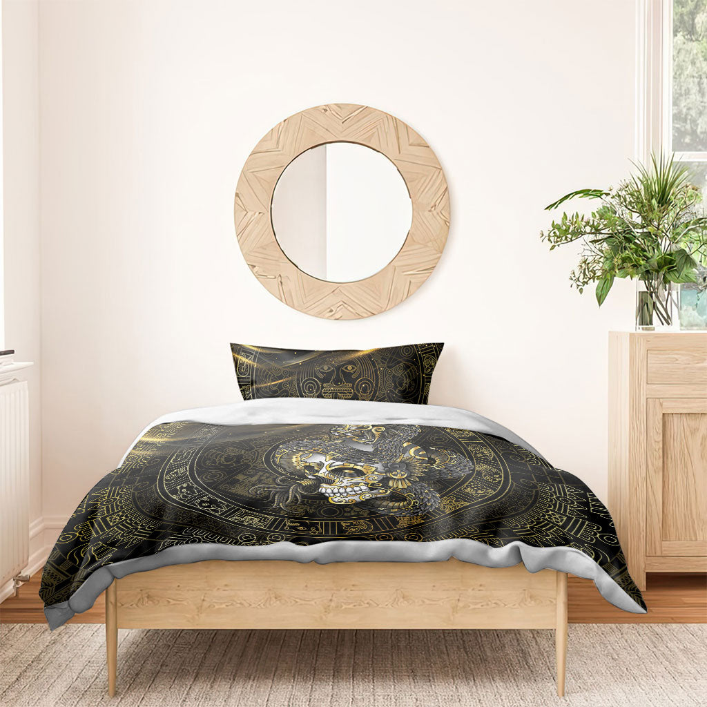 Mexico Quetzalcoatl Aztec Calendar Bedding Set Black Gold Tribal Warrior Art