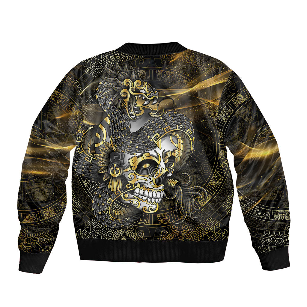 Mexico Quetzalcoatl Aztec Calendar Bomber Jacket Black Gold Tribal Warrior Art