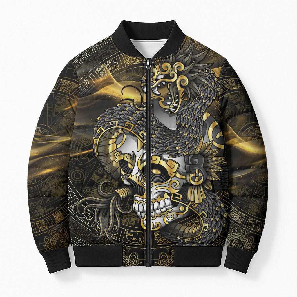Mexico Quetzalcoatl Aztec Calendar Bomber Puffer Jacket Black Gold Tribal Warrior Art