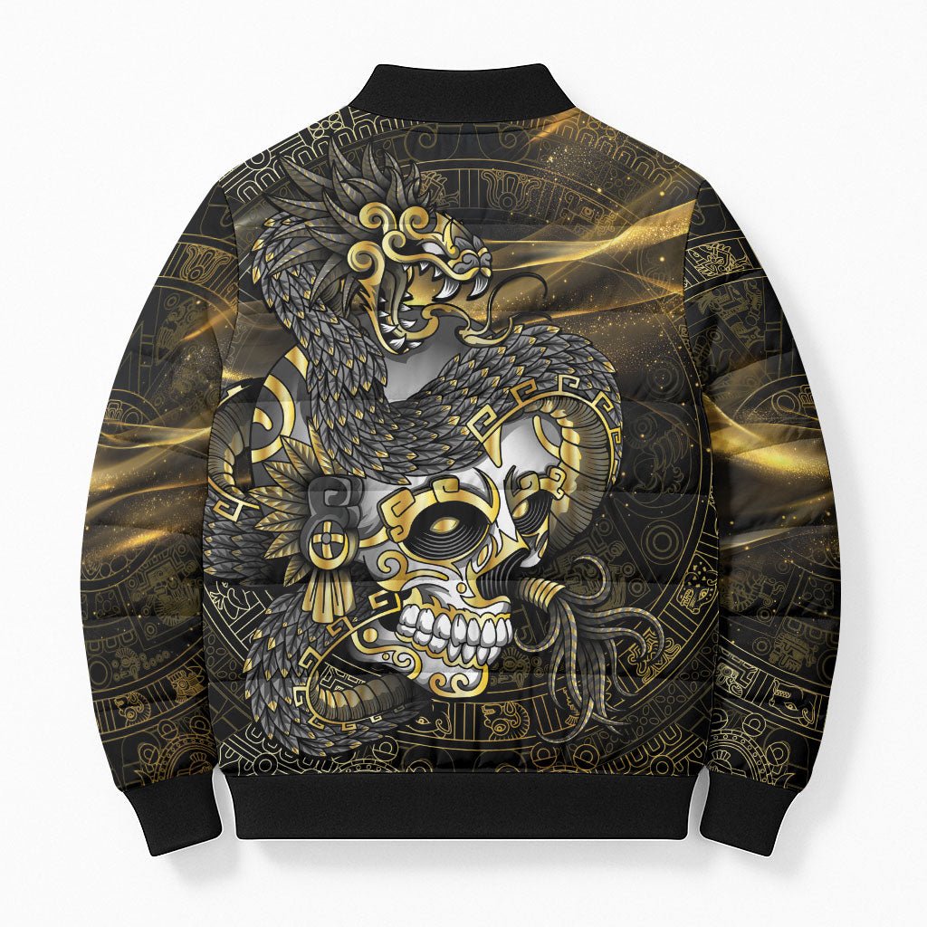 Mexico Quetzalcoatl Aztec Calendar Bomber Puffer Jacket Black Gold Tribal Warrior Art