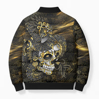 Mexico Quetzalcoatl Aztec Calendar Bomber Puffer Jacket Black Gold Tribal Warrior Art
