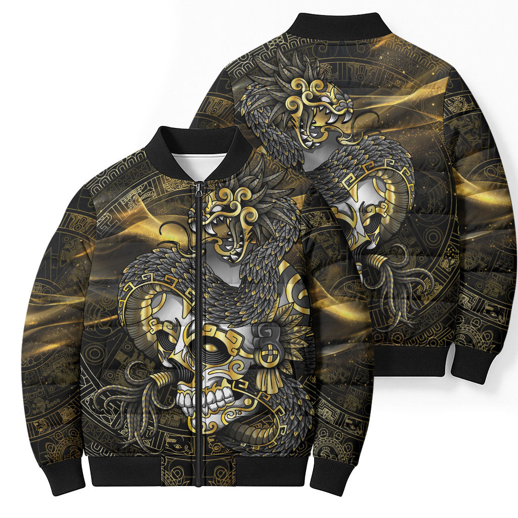 Mexico Quetzalcoatl Aztec Calendar Bomber Puffer Jacket Black Gold Tribal Warrior Art