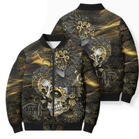 Mexico Quetzalcoatl Aztec Calendar Bomber Puffer Jacket Black Gold Tribal Warrior Art