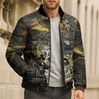 Mexico Quetzalcoatl Aztec Calendar Bomber Puffer Jacket Black Gold Tribal Warrior Art