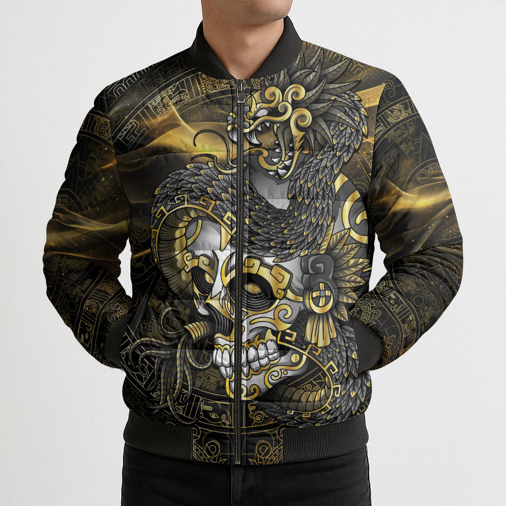 Mexico Quetzalcoatl Aztec Calendar Bomber Puffer Jacket Black Gold Tribal Warrior Art