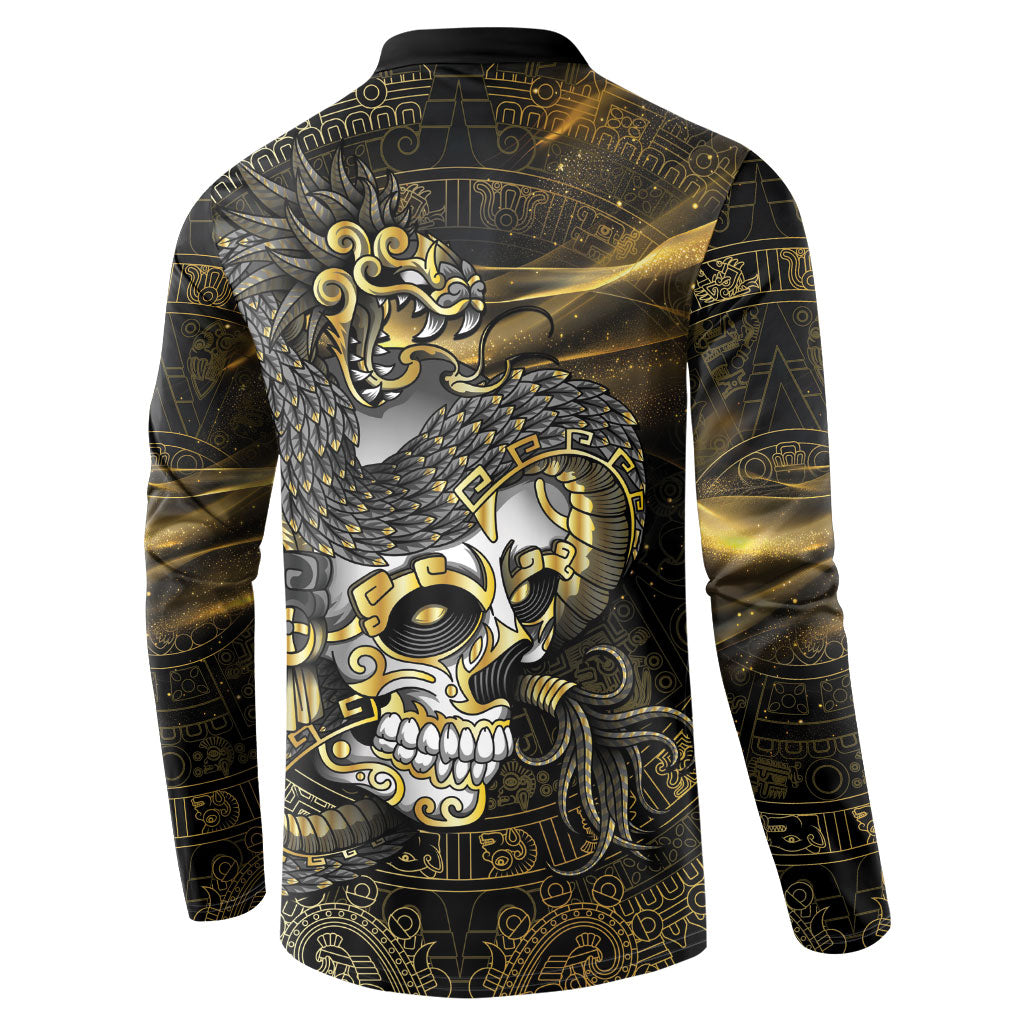 Mexico Quetzalcoatl Aztec Calendar Button Sweatshirt Black Gold Tribal Warrior Art
