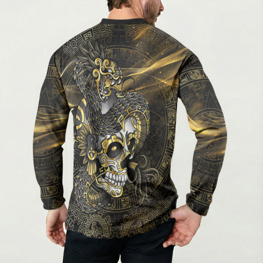 Mexico Quetzalcoatl Aztec Calendar Button Sweatshirt Black Gold Tribal Warrior Art