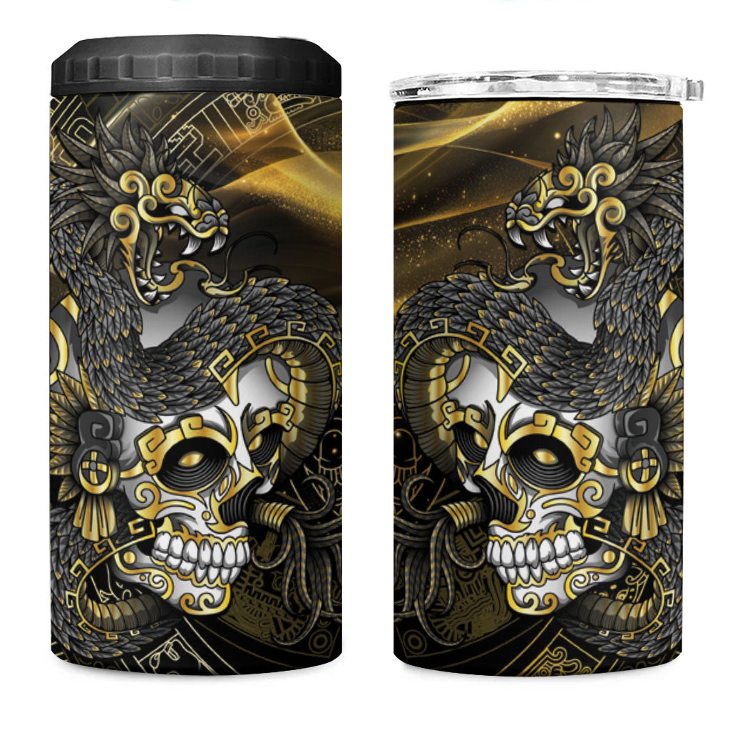 Mexico Quetzalcoatl Aztec Calendar 4 in 1 Can Cooler Tumbler Black Gold Tribal Warrior Art