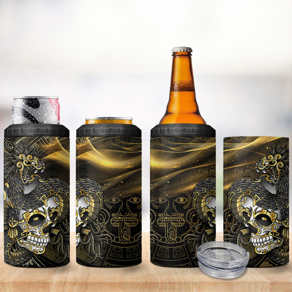 Mexico Quetzalcoatl Aztec Calendar 4 in 1 Can Cooler Tumbler Black Gold Tribal Warrior Art