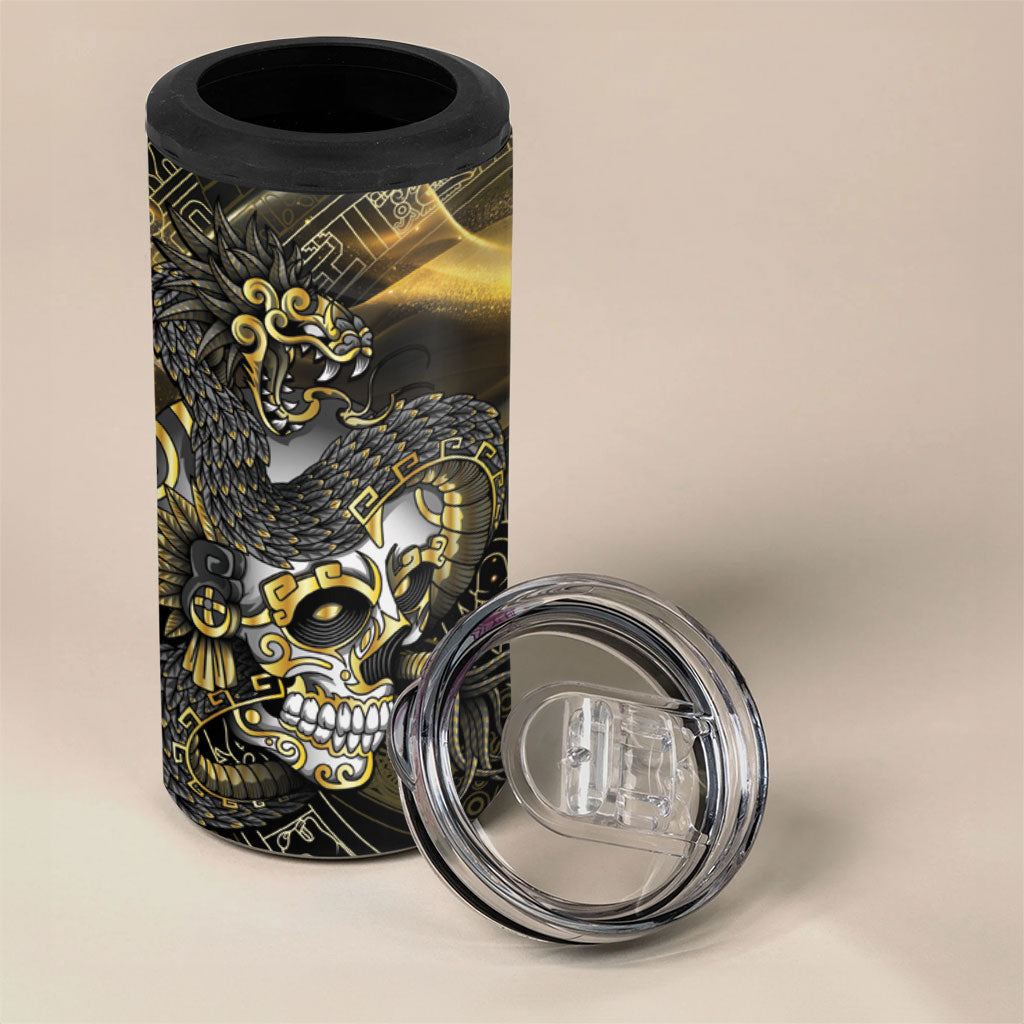 Mexico Quetzalcoatl Aztec Calendar 4 in 1 Can Cooler Tumbler Black Gold Tribal Warrior Art