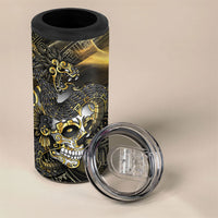Mexico Quetzalcoatl Aztec Calendar 4 in 1 Can Cooler Tumbler Black Gold Tribal Warrior Art