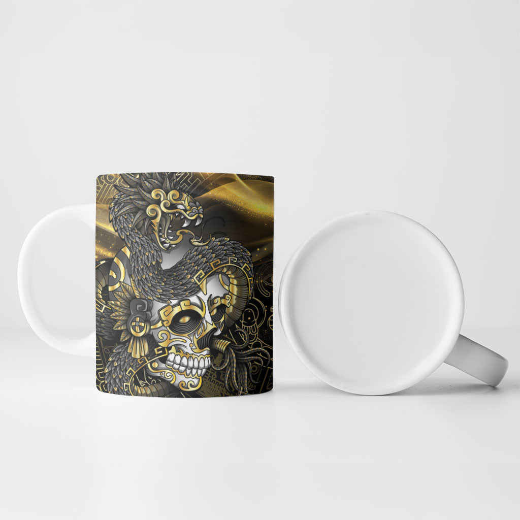 Mexico Quetzalcoatl Aztec Calendar Ceramic Mug Black Gold Tribal Warrior Art