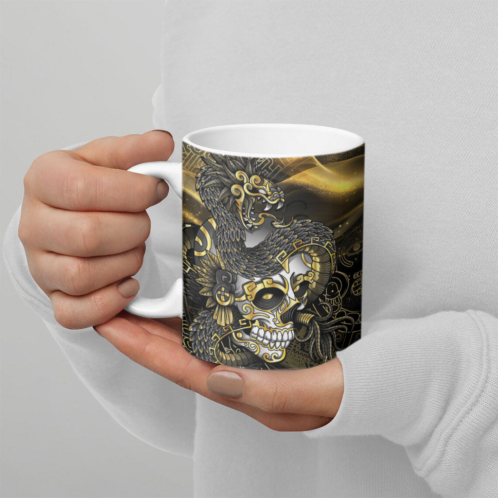 Mexico Quetzalcoatl Aztec Calendar Ceramic Mug Black Gold Tribal Warrior Art