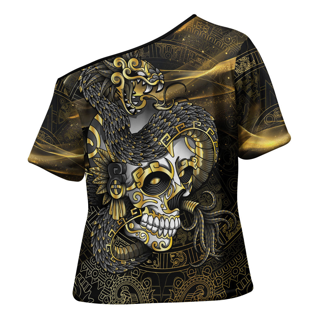 Mexico Quetzalcoatl Aztec Calendar Cross Shoulder Shirt Black Gold Tribal Warrior Art