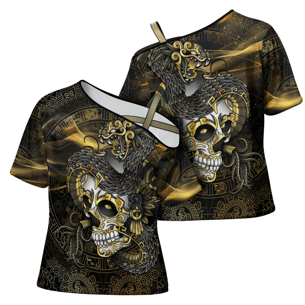Mexico Quetzalcoatl Aztec Calendar Cross Shoulder Shirt Black Gold Tribal Warrior Art
