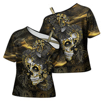 Mexico Quetzalcoatl Aztec Calendar Cross Shoulder Shirt Black Gold Tribal Warrior Art