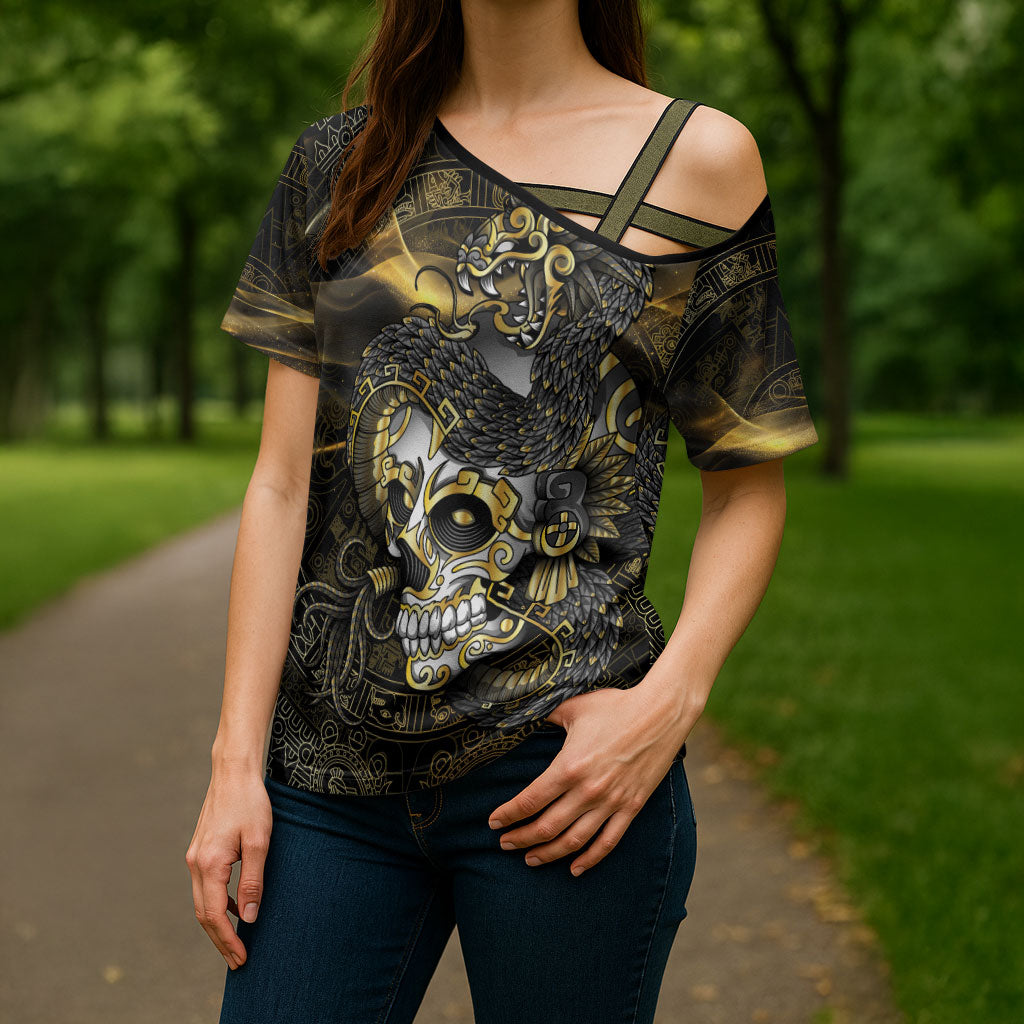 Mexico Quetzalcoatl Aztec Calendar Cross Shoulder Shirt Black Gold Tribal Warrior Art