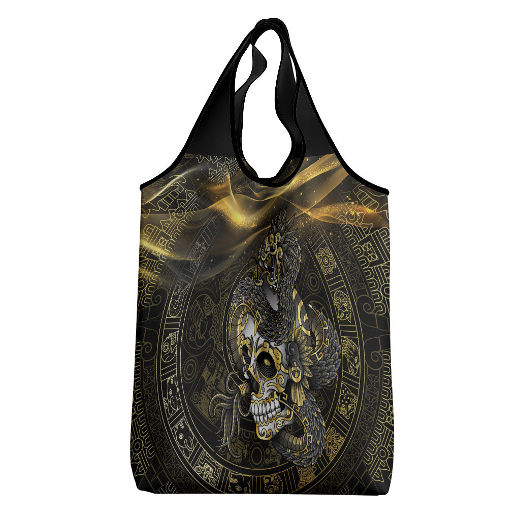 Mexico Quetzalcoatl Aztec Calendar Grocery Bag Black Gold Tribal Warrior Art