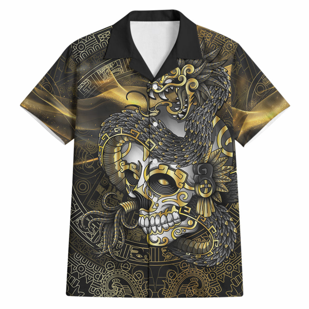 Mexico Quetzalcoatl Aztec Calendar Hawaiian Shirt Black Gold Tribal Warrior Art