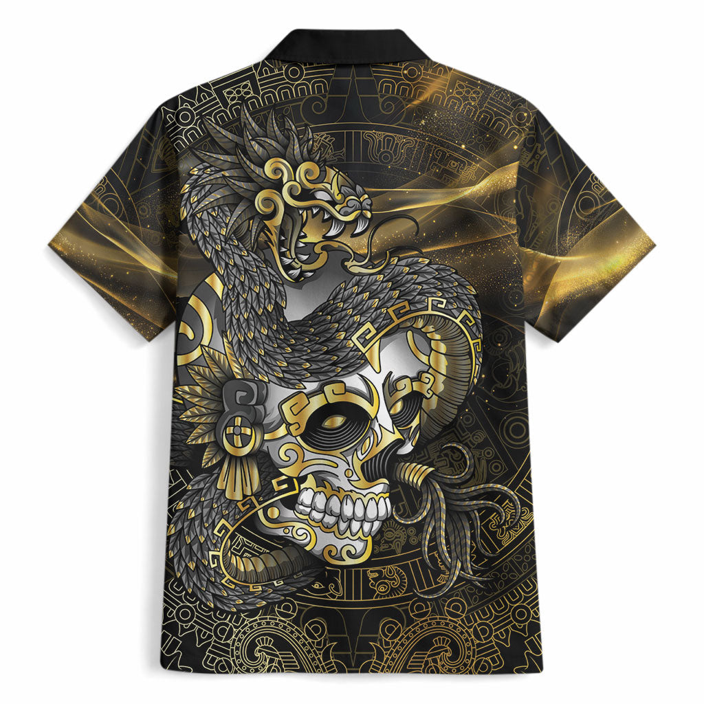 Mexico Quetzalcoatl Aztec Calendar Hawaiian Shirt Black Gold Tribal Warrior Art