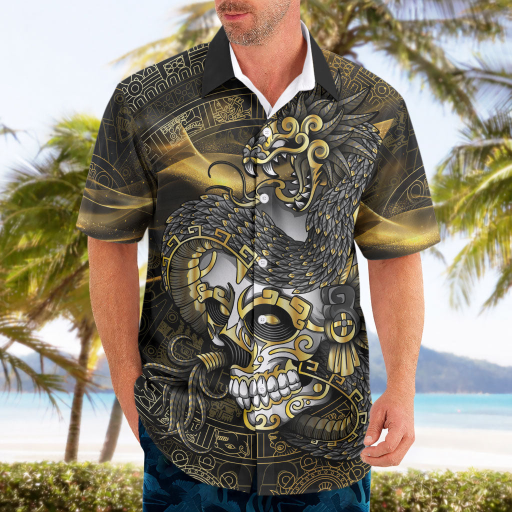 Mexico Quetzalcoatl Aztec Calendar Hawaiian Shirt Black Gold Tribal Warrior Art