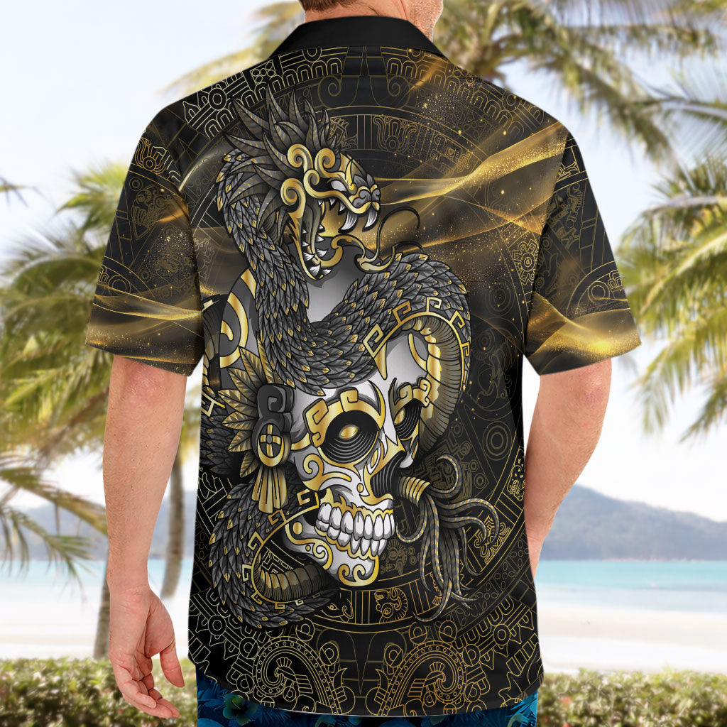 Mexico Quetzalcoatl Aztec Calendar Hawaiian Shirt Black Gold Tribal Warrior Art