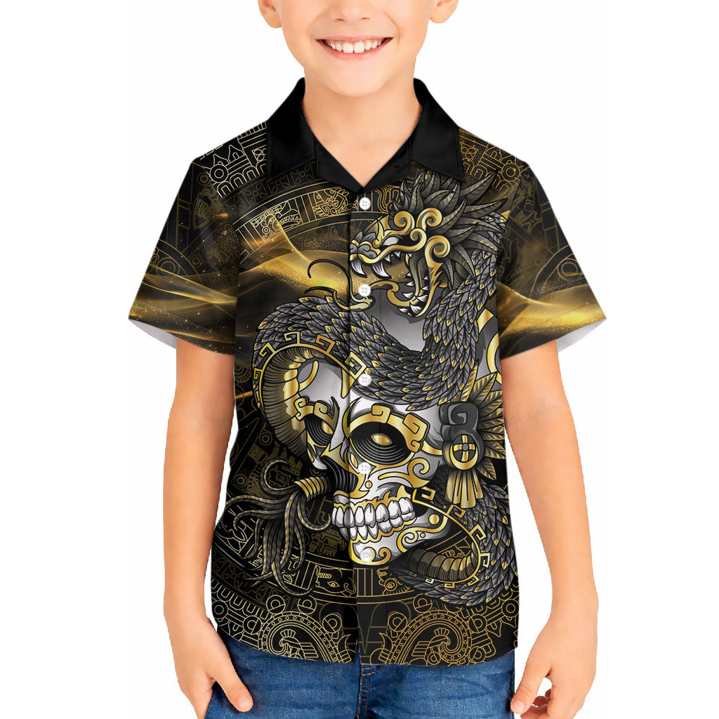 Mexico Quetzalcoatl Aztec Calendar Hawaiian Shirt Black Gold Tribal Warrior Art