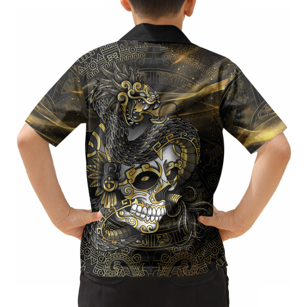 Mexico Quetzalcoatl Aztec Calendar Hawaiian Shirt Black Gold Tribal Warrior Art