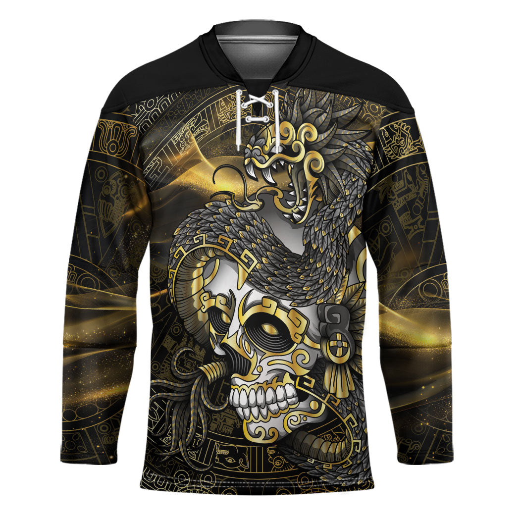 Mexico Quetzalcoatl Aztec Calendar Hockey Jersey Black Gold Tribal Warrior Art