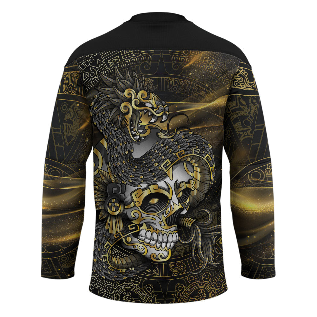 Mexico Quetzalcoatl Aztec Calendar Hockey Jersey Black Gold Tribal Warrior Art