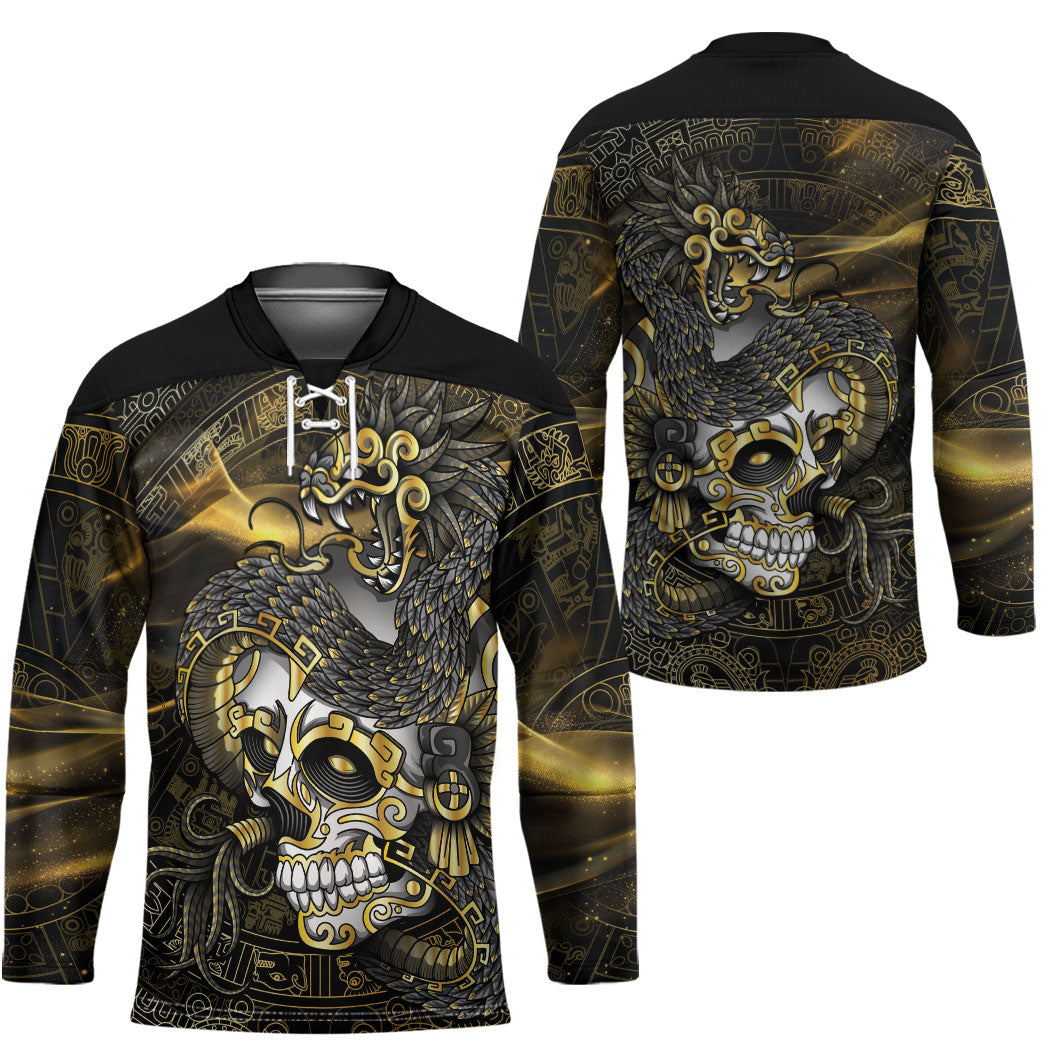 Mexico Quetzalcoatl Aztec Calendar Hockey Jersey Black Gold Tribal Warrior Art