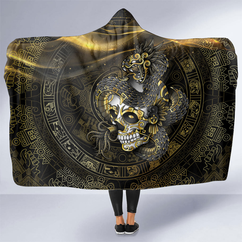 Mexico Quetzalcoatl Aztec Calendar Hooded Blanket Black Gold Tribal Warrior Art