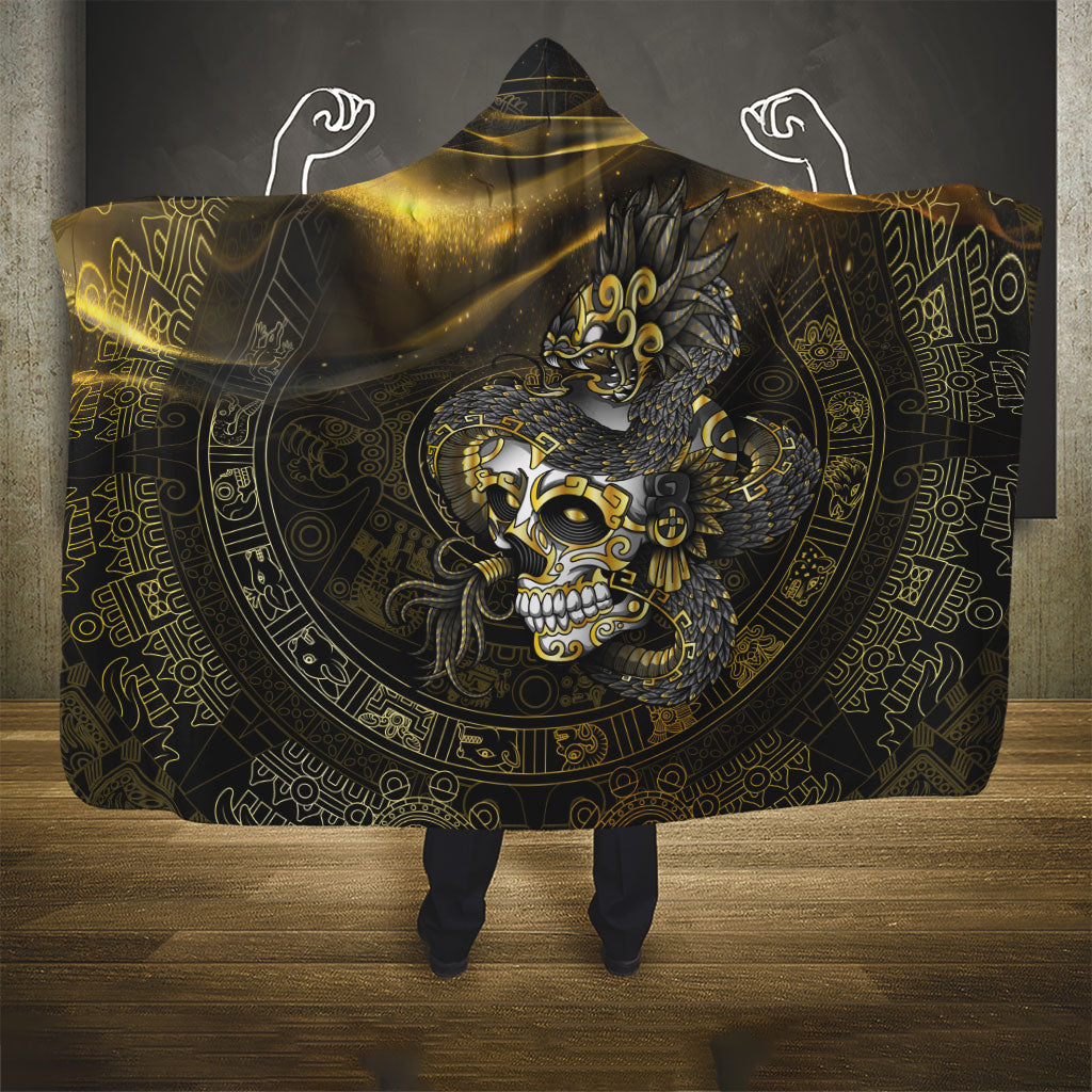 Mexico Quetzalcoatl Aztec Calendar Hooded Blanket Black Gold Tribal Warrior Art