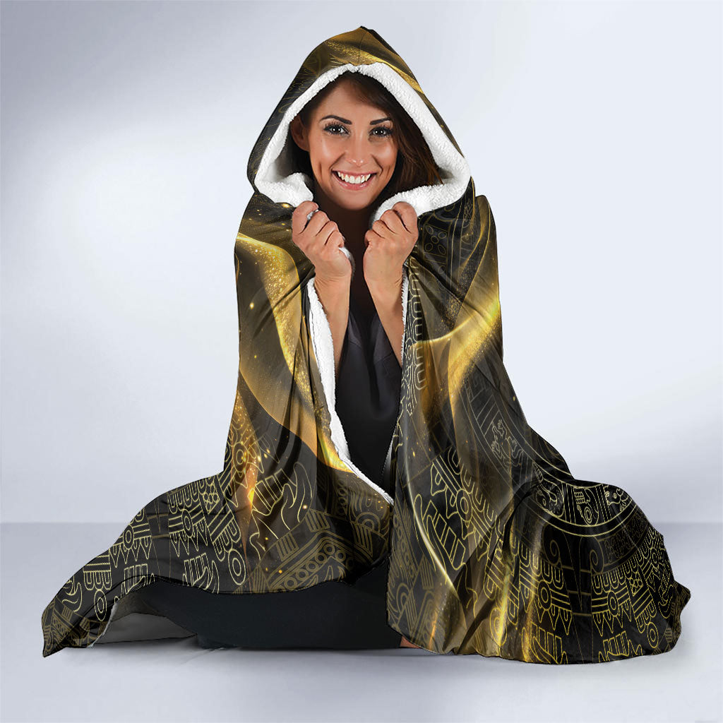 Mexico Quetzalcoatl Aztec Calendar Hooded Blanket Black Gold Tribal Warrior Art