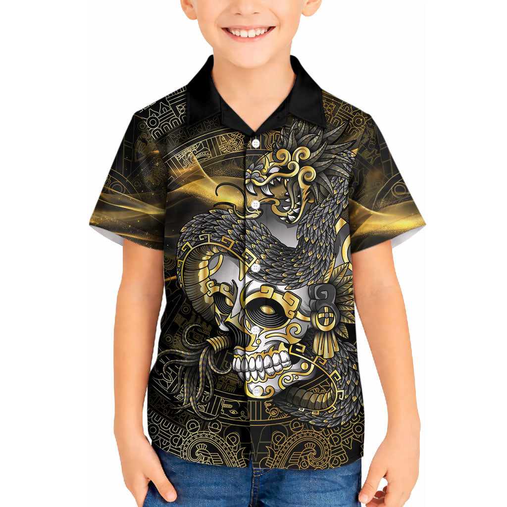 Mexico Quetzalcoatl Aztec Calendar Kid Hawaiian Shirt Black Gold Tribal Warrior Art