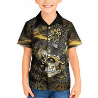 Mexico Quetzalcoatl Aztec Calendar Kid Hawaiian Shirt Black Gold Tribal Warrior Art